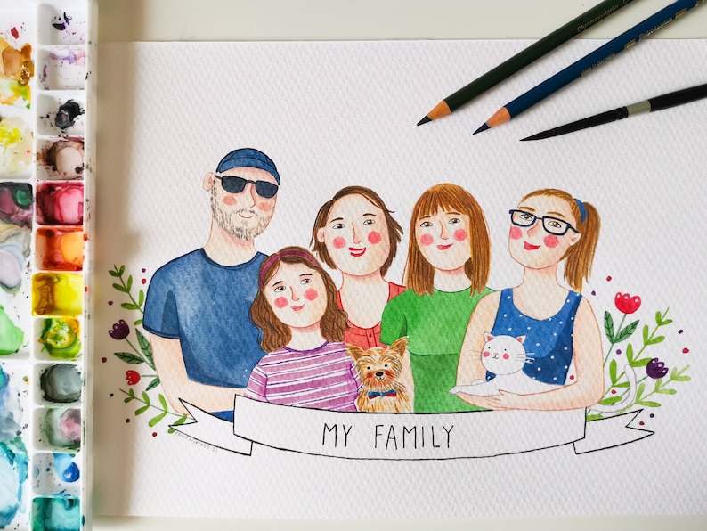 Watercolor hand painted custom family portrait, Personalized illustration family and pet from photo, Customized art print for birthday gift image 1