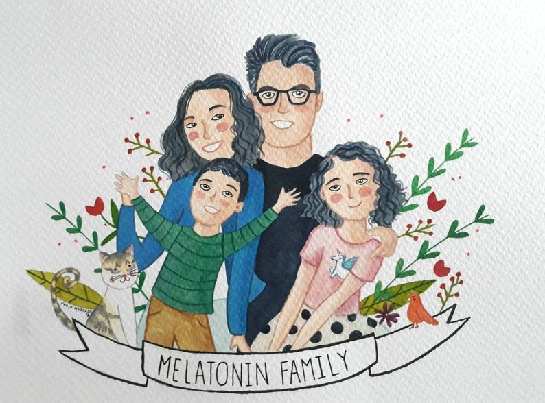 Watercolor hand painted custom family portrait, Personalized illustration family and pet from photo, Customized art print for birthday gift image 3