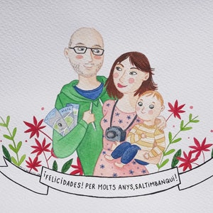 Watercolor hand painted custom family portrait, Personalized illustration family and pet from photo, Customized art print for birthday gift image 9