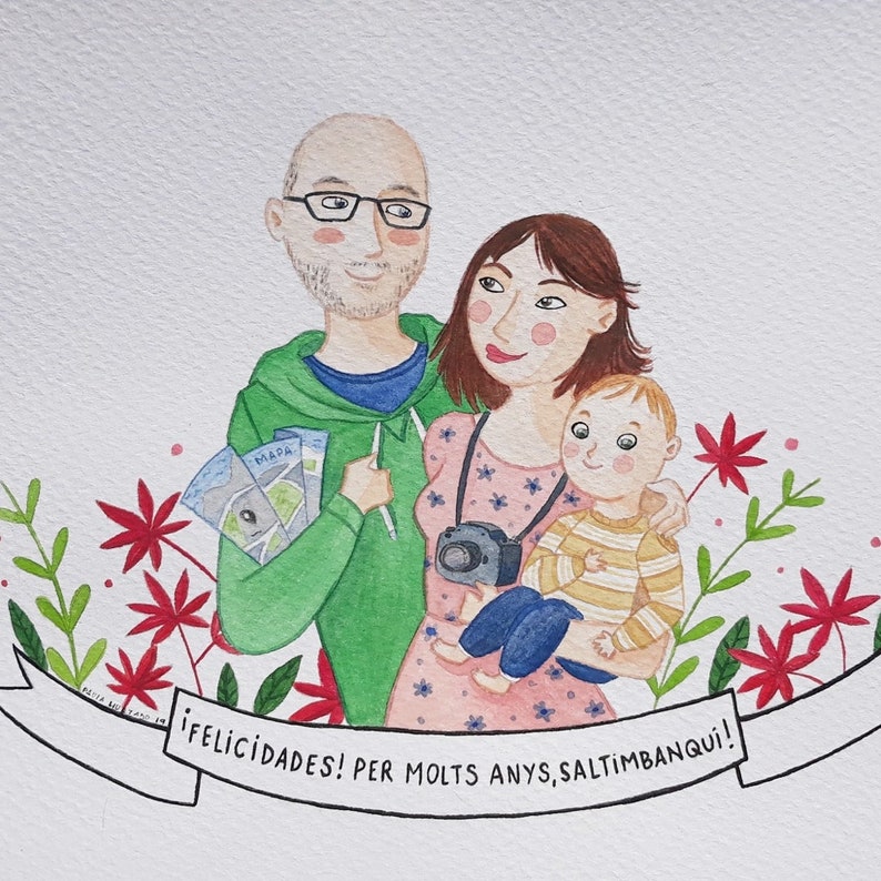 Watercolor hand painted custom family portrait, Personalized illustration family and pet from photo, Customized art print for birthday gift image 9