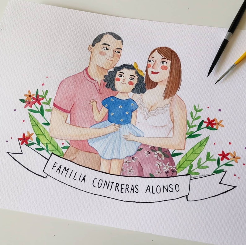 Watercolor hand painted custom family portrait, Personalized illustration family and pet from photo, Customized art print for birthday gift image 2