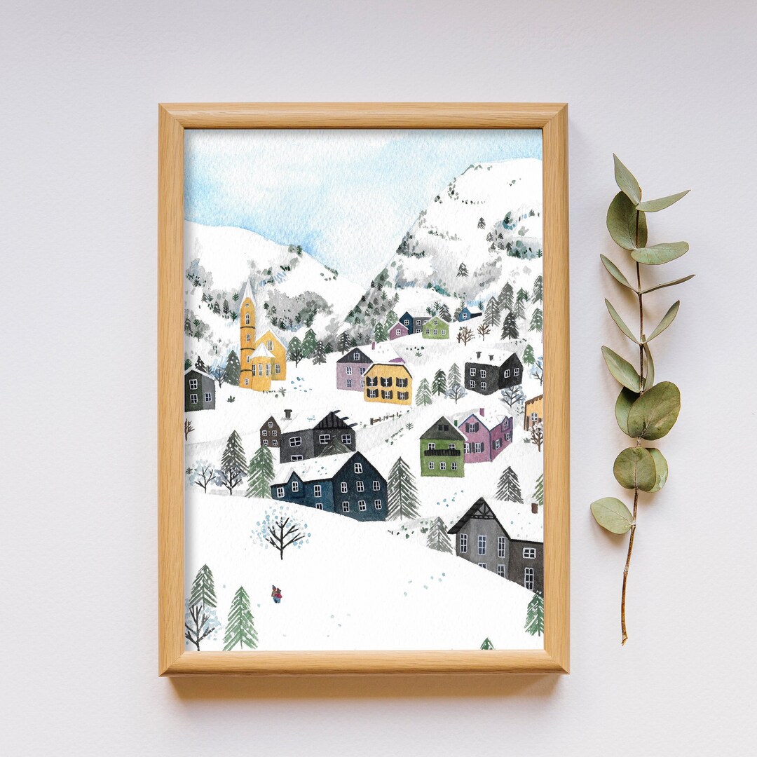 Art Print Winter Village Watercolor Snow Covered Mountain Landscape ...