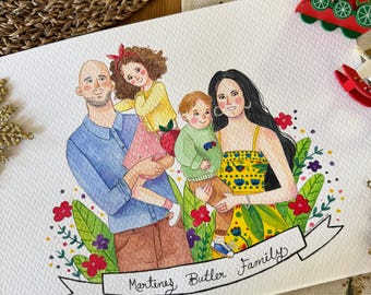 Watercolor hand painted custom family portrait, Personalized illustration family and pet from photo, Customized art print for birthday gift