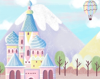 May include: A whimsical illustration of a pastel-colored castle with blue and pink turrets, set against a backdrop of mountains and a blue sky. A hot air balloon floats in the sky, adding to the fairytale theme.