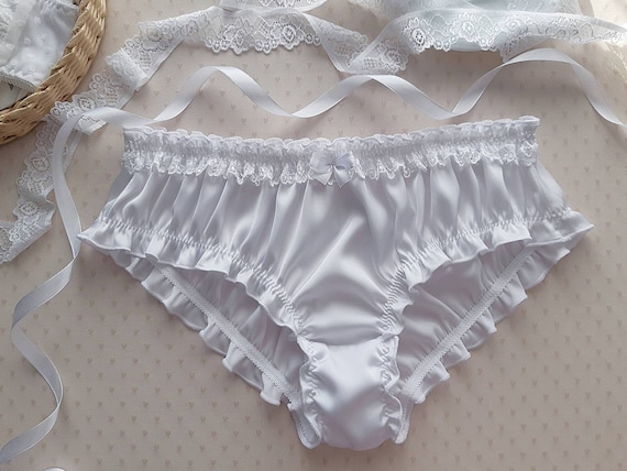White Silk Ruffled Panties Handmade, Silk Knickers, Women