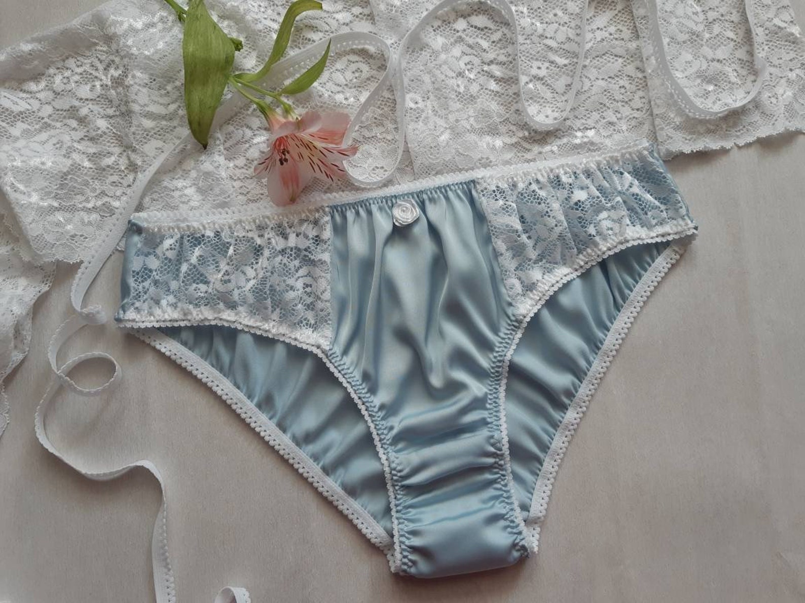 Blue Silk Panties with Lace Insert Handmade Silk Knickers Etsy