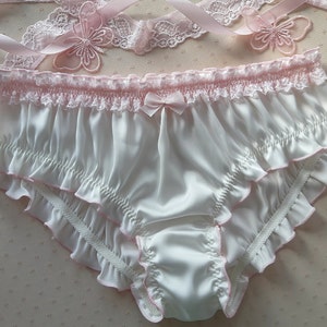 Women Sleepwear, Silk Sleepwear, Milk Silk Pink Lace Ruffled Panties - Handmade