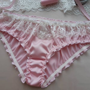 Pink Silk Milk Lace Ruffled Panties - Handmade, Silk Knickers, Women Sleepwear, Silk Sleepwear