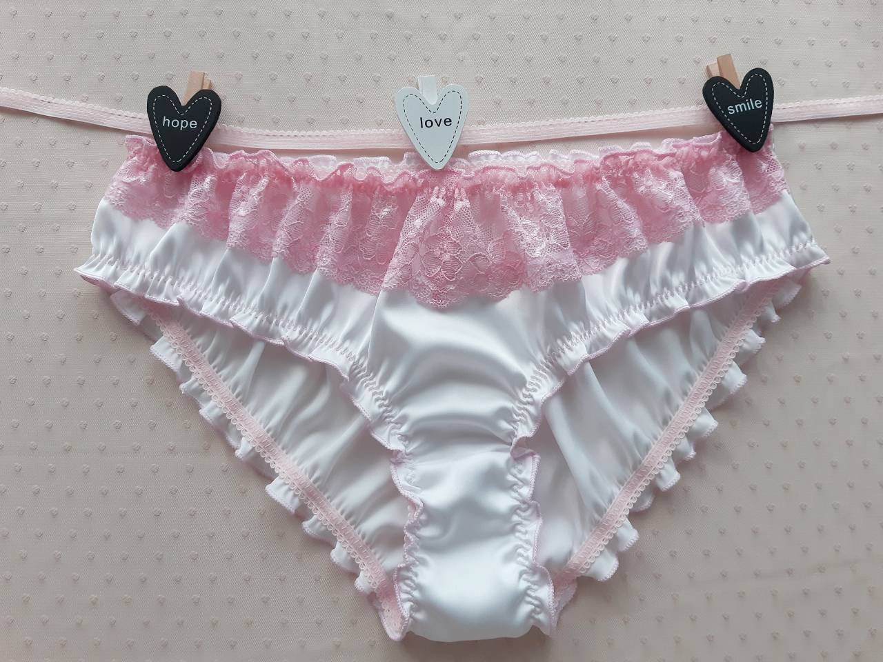 White Silk Pink Lace Ruffled Panties Handmade, Silk Knickers