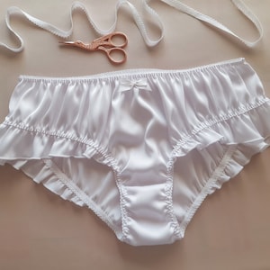 White Silk Panties with Frill -  Handmade, Silk Knickers, Women Sleepwear, Silk Sleepwear