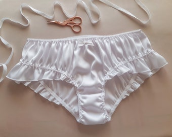 White Silk Panties with Frill -  Handmade, Silk Knickers, Women Sleepwear, Silk Sleepwear