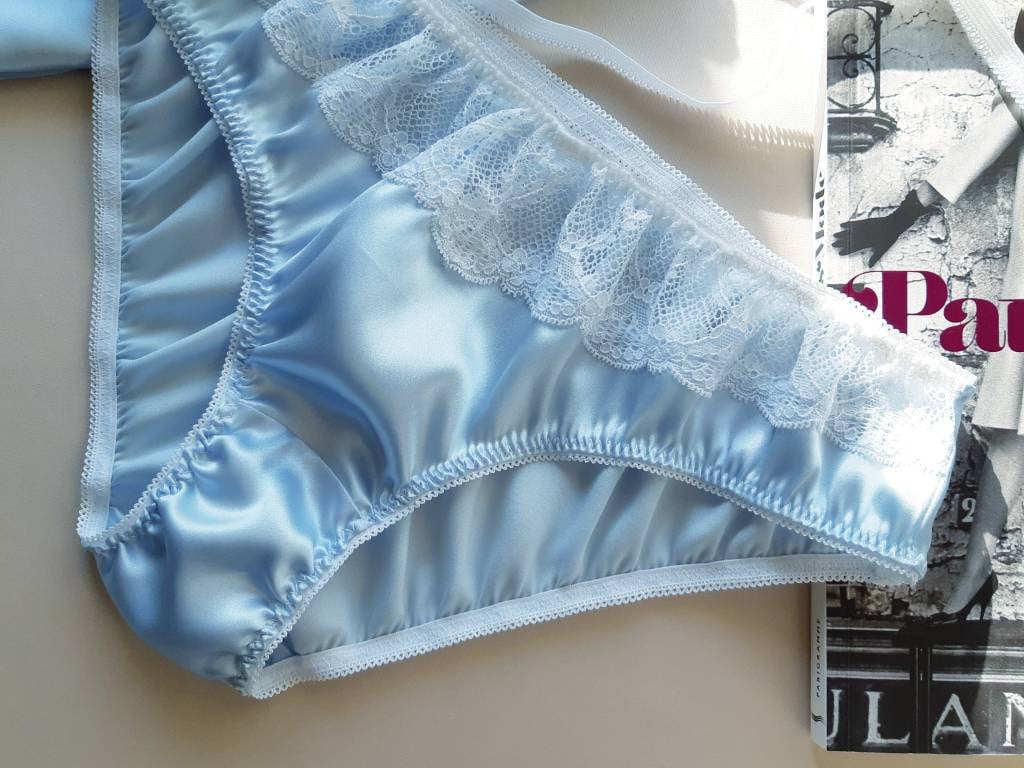 Natural Silk Blue Silk Panties With White Lace Handmade Silk Etsy