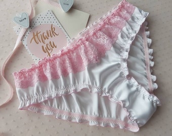 White Silk Pink Lace Ruffled Panties - Handmade, Silk Knickers, Women Sleepwear, Silk Sleepwear