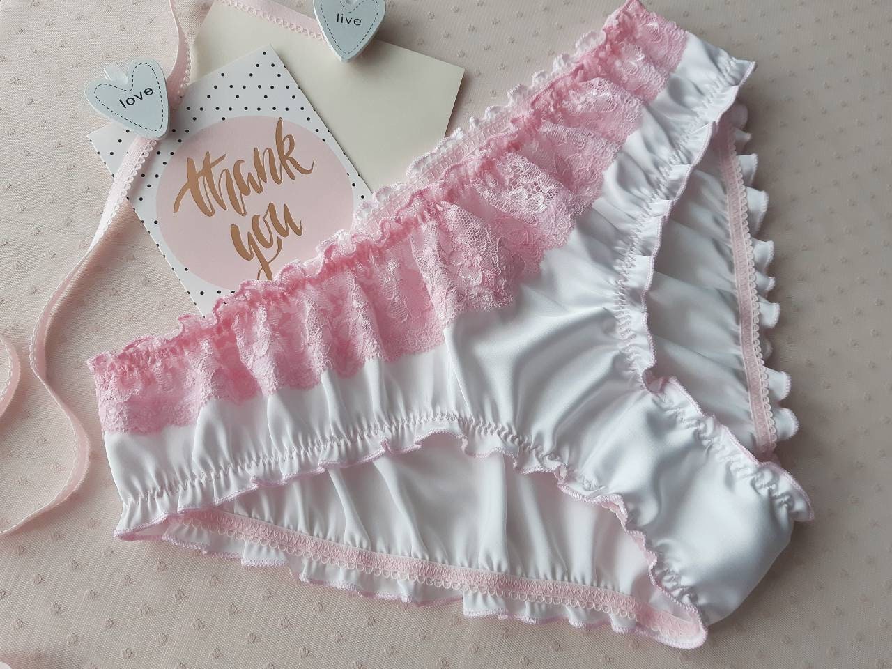 White Silk Pink Lace Ruffled Panties Handmade, Silk Knickers