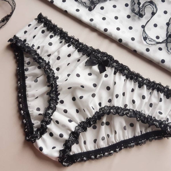 White Cotton Panties Black Polka Dots, Cotton Lingerie, Women Sleepwear - Handmade