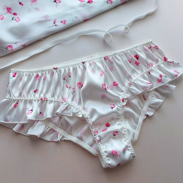 Silk Panties with Frill, Floral Print -  Handmade, Silk Knickers, Women Sleepwear, Silk Sleepwear