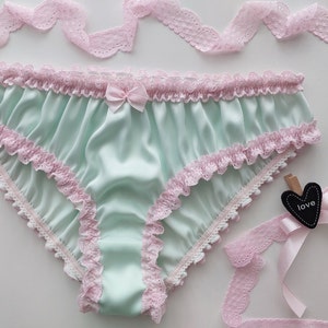 Mint Silk Panties, Women Sleepwear, Silk Sleepwear, Mint Silk Knickers with Pink Lace