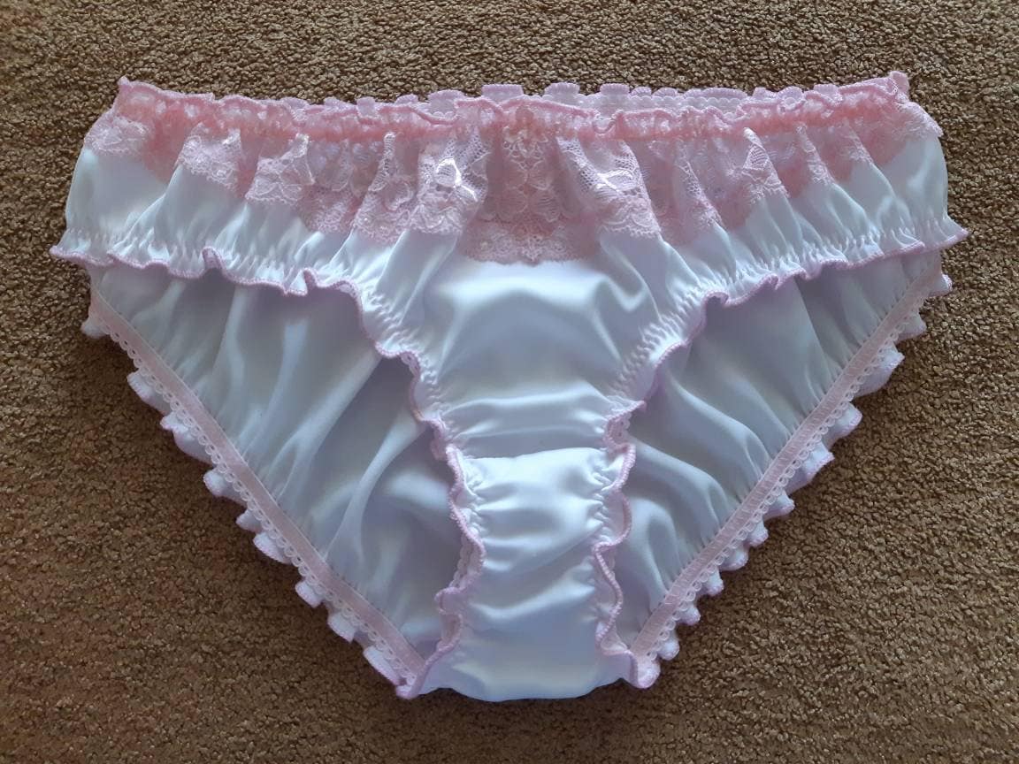 White Silk Pink Lace Ruffled Panties - Handmade, Silk Knickers, Women Sleep...