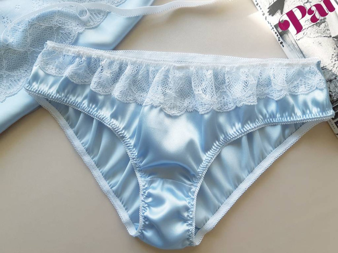 Natural Silk Blue Silk Panties With White Lace Handmade Silk Etsy UK