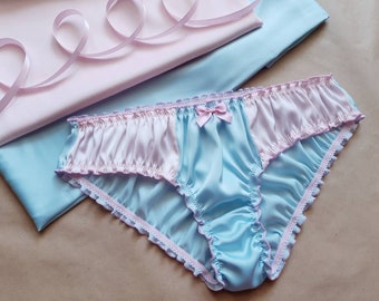 Blue Silk - Pink Silk Ruffled Panties, Silk Knickers, Silk Lingerie