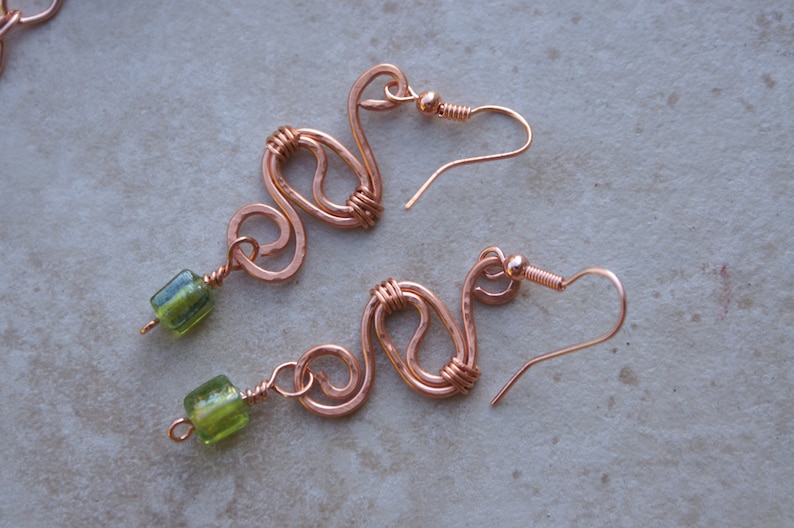 Green earrings Wire Wrap Earrings Wire Wrap pendant Copper Jewelry Free Shipping,Item #231 Green Necklace Copper Wire Wrap