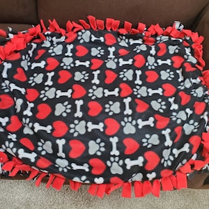 Fleece Dog Blanket, HEARTS PAWS & BONES, Black Tie Blanket, Red and black blanket, dog tie blanket, fleece tie blanket, puppy blanket