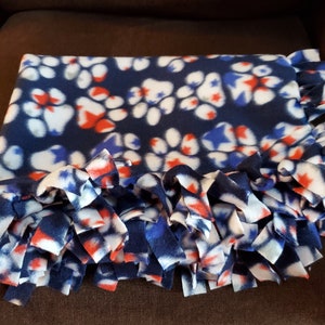 Fleece Dog Blanket, RED WHITE & BLUE Blanket, cute tie blanket, dog tie blanket, paw print blanket, puppy blanket, fleece tie blanket