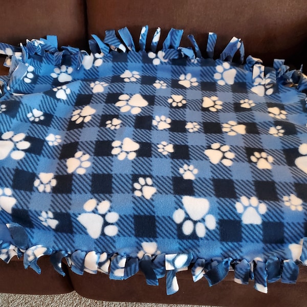 Fleece Dog Blanket, BLUE PLAID Blanket, cute tie blanket, dog tie blanket, paw print blanket, puppy blanket, fleece tie blanket, k9 blanket