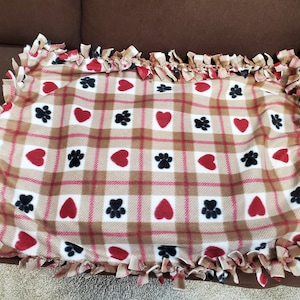 Fleece Dog Blanket, Brown White Red Plaid, Hearts & Paw Prints, Cute tie blanket, dog tie blanket, brown plaid blanket, plaid tie blanket