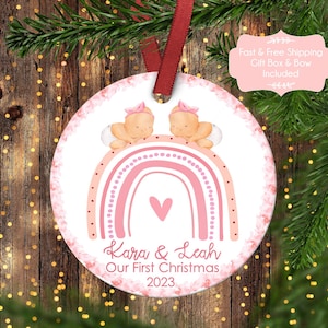 Twins First Christmas Ornament.Twin Girls 1st Christmas. Boho Rainbow Christmas Ornament.Baby&#39;s First Christmas Ornament