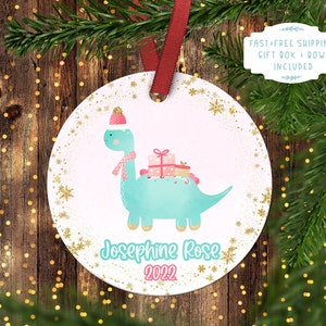 Mädchen Rosa Weihnacht Dinosaurier Ornament. Rosa Dinosaurier Ornament. Dinosaurier Weihnachtsanhänger