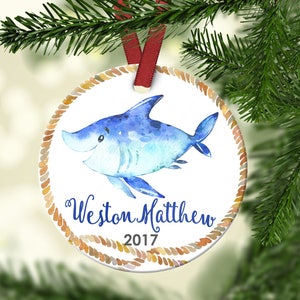Boy&#39;s Shark Christmas Ornament.Boy&#39;s Christmas Ornament.Shark.Nautical Ornament.Christmas ornament.Baby&#39;s first Christmas.