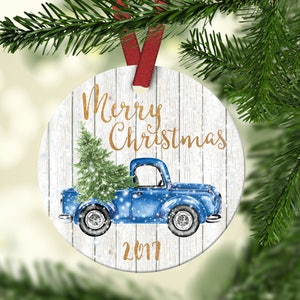 Merry Christmas Ornament.Vintage Truck Ornament.Blue Truck.Christmas Ornament.Christmas Gift.Personalized gift.Custom Christmas ornament