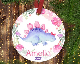 Girls Dinosaur Christmas Ornament.Pink Dinosaur.Personalized christmas ornament.Girls Ornament