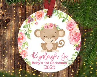 Baby es FIRST Christbaumschmuck. Baby Affe.Weihnachtsschmuck. Personalisierter Christbaumschmuck. Baby es erste Weihnachten.