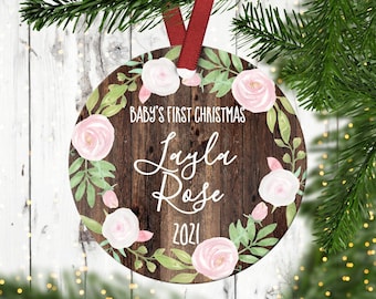 Baby&#39;s first Christmas ornament.Floral Christmas Ornament.Baby Girl Ornament.Personalized Christmas ornament.Baby&#39;s first Christmas.