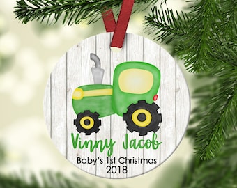 Personalized Baby's First Christmas Ornament Green Tractor