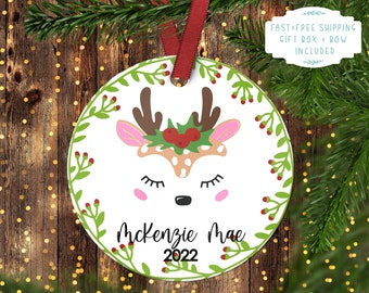 Girl&#39;s Christmas ornament.Baby Reindeer.Christmas ornament.Personalized Christmas ornament.Baby&#39;s first Christmas.