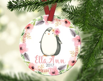 NAME PERSONALIZED ORNAMENT Pink Baby Girl Penguin Diaper Baby's First Christmas 