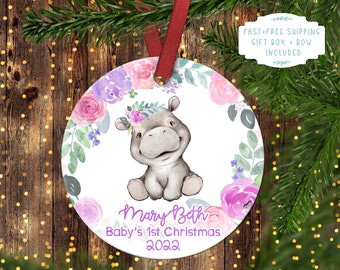 Baby's FIRST Christmas ornament.Baby HIPPO.Baby Girls First Christmas.Christmas ornament.Personalized christmas ornament