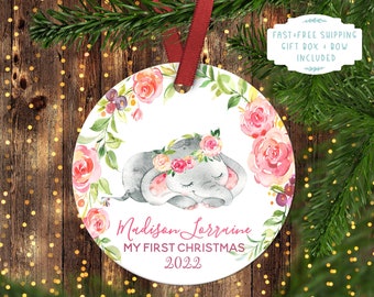 Baby&#39;s FIRST Christmas ornament.Baby Elephant..Christmas ornament.Personalized christmas ornament.Baby&#39;s first Christmas.