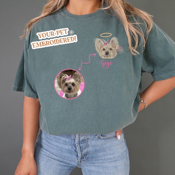 Pet Face Embroidery Tshirt. Your Pet Photo Embroidered. Custom Cat T-Shirt, Custom Dog Tshirt. Embroidered pet long sleeve