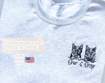 Custom Embroidered Cat Portrait Crewneck Sweatshirt, Personalized Pet Apparel