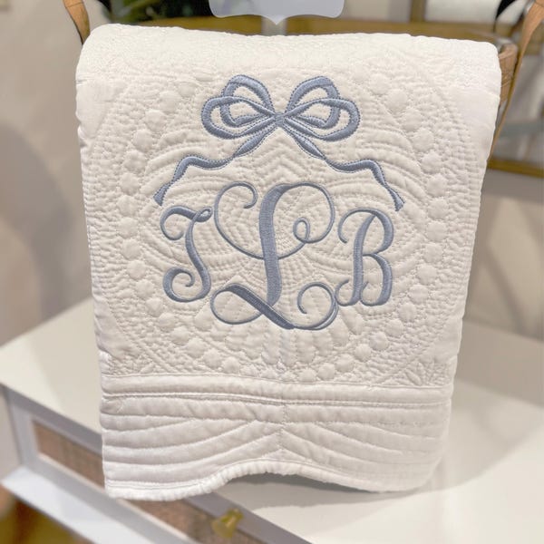 Personalized Embroidered Baby Blanket, Custom Cotton Heirloom Quilt Coquette Monogram Bow