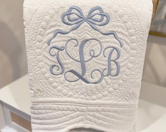 Personalized Embroidered Baby Blanket, Custom Cotton Heirloom Quilt Coquette Monogram Bow