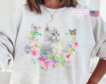 Cat Floral Crewneck Sweatshirt, Vintage Style Cat Sweatshirt