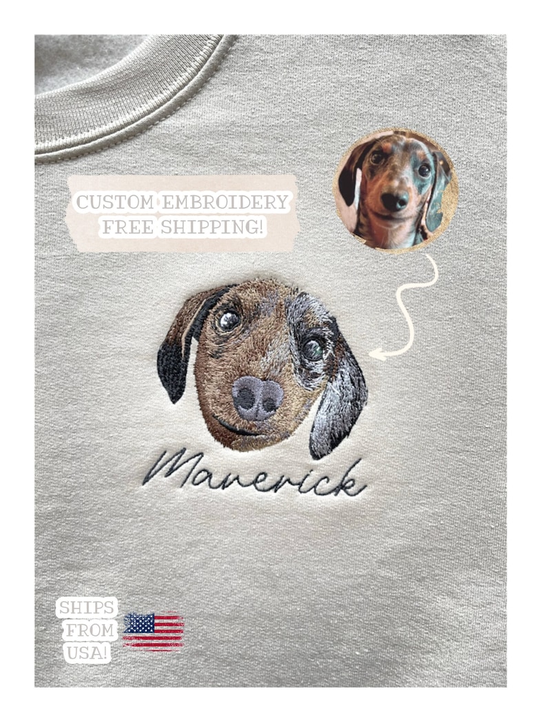 Your pets photo embroidered on a sweatshirt. Custom pet embroidery.