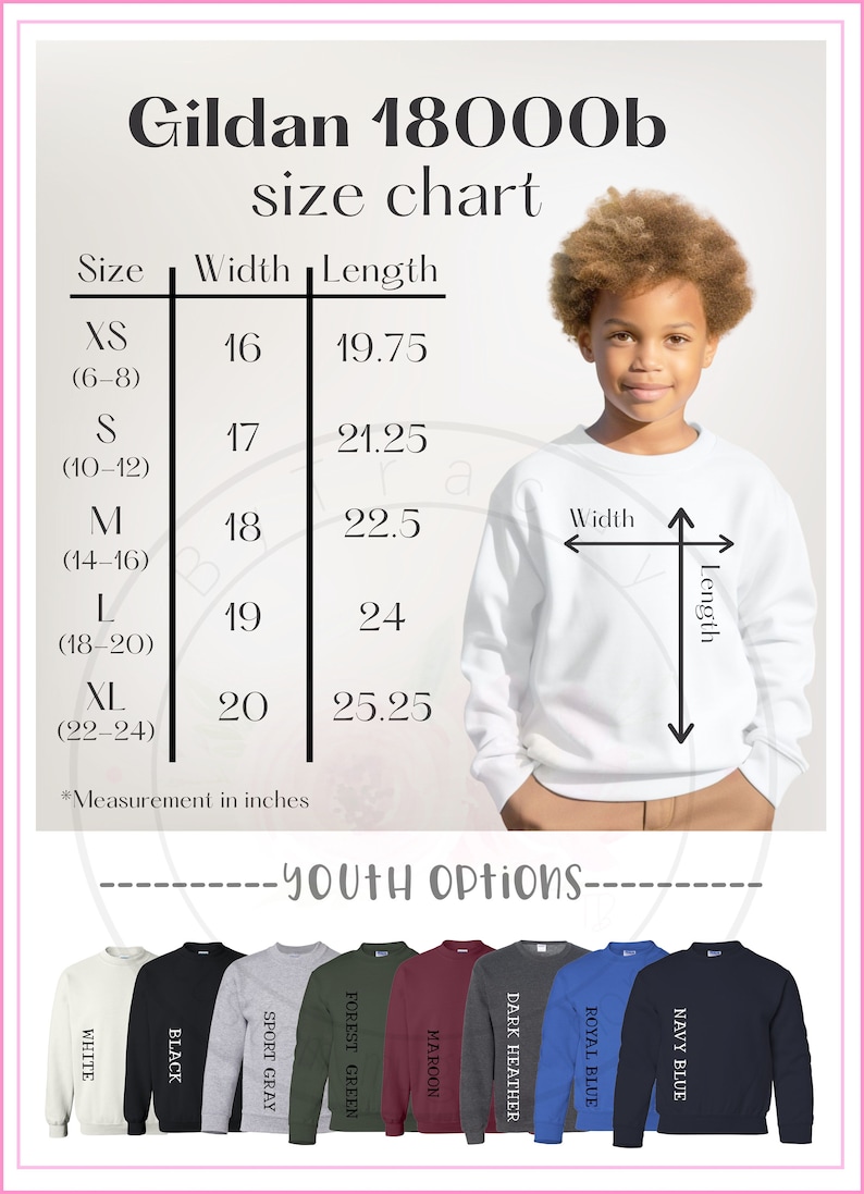 Puede incluir: Sudadera blanca juvenil con una tabla de tallas en pulgadas. Se enumeran las tallas XS a XL, con anchos de 40.6 a 50.8 cm y largos de 50.2 a 64.1 cm. Los colores disponibles son blanco, negro, gris deportivo, verde bosque, granate, gris oscuro, azul real y azul marino.