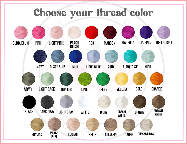 Pu&ograve; includere: Una tabella dei colori con il testo "Scegli il tuo colore del filo" sopra una griglia di cerchi colorati. I cerchi mostrano colori del filo come rosa, rosso, blu, verde e giallo. Ogni colore ha un nome corrispondente.