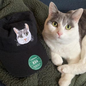 Pode incluir: Um bon&eacute; de beisebol preto com um gato branco bordado na frente. O bon&eacute; tem um adesivo verde com o texto "Legacy EZA" e as palavras "Five Star Rated Made from Recycled Content". Um gato branco e cinza est&aacute; sentado em uma superf&iacute;cie verde peluda.